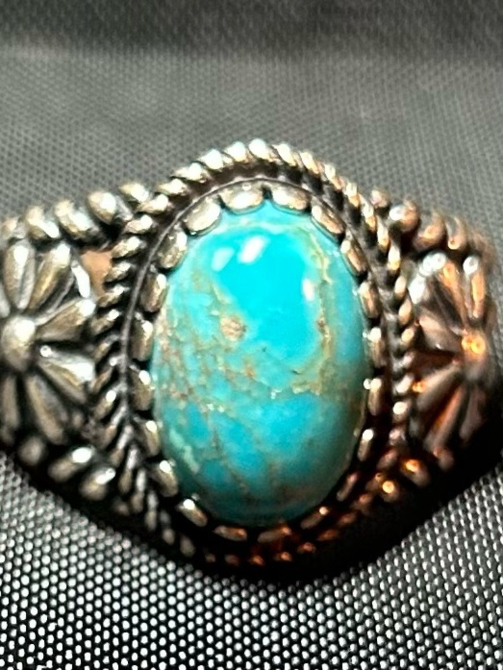 American West Sterling Silver Genuine Turquoise Flower Concha Ring SZ 10